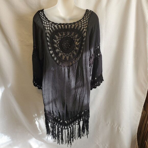 Choa Beach Swim Cover Up Dress Black Crochet Fringe Sz S/M Boho Cottage Summer - Picture 3 of 7
